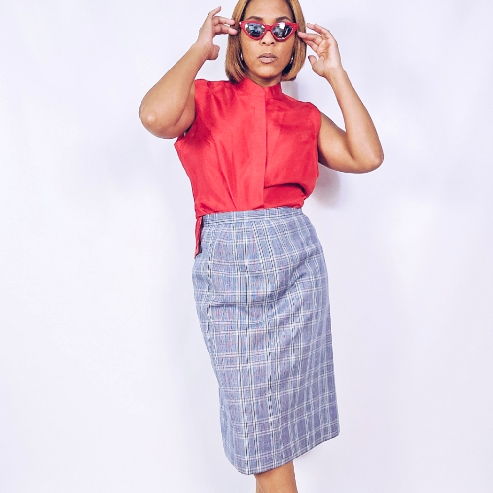 Silk Belnd Plaid Pencil Skirt - Picture 1 of 9